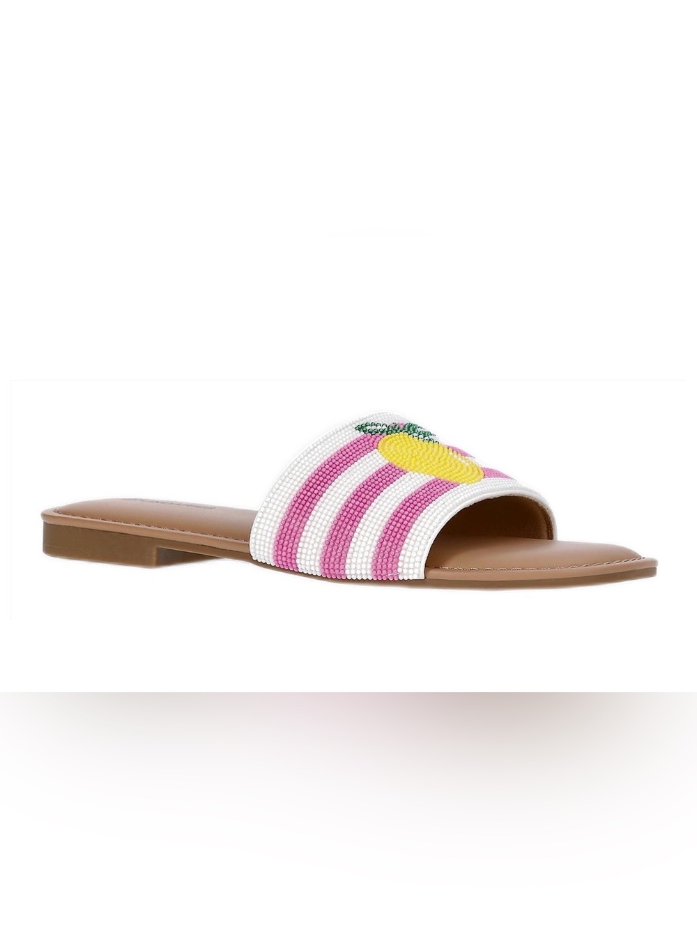 No Boundaries Pink and White Beaded Slide Sandal with Yellow Accent